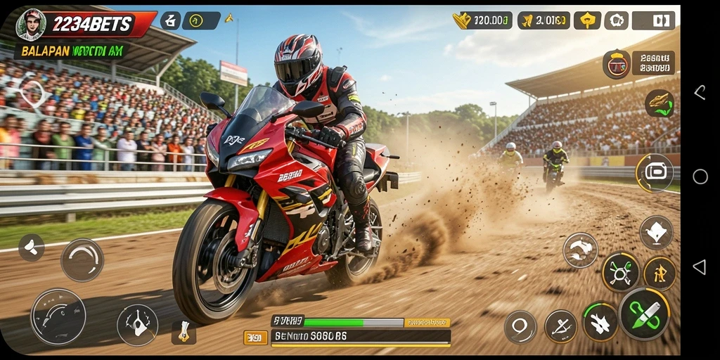 Gameplay 1234BETS menampilkan balapan motor yang mendebarkan.