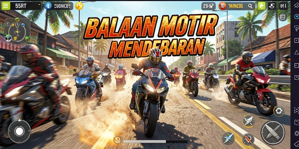 Screenshot gameplay 55RT dengan motor balap yang sangat cepat.