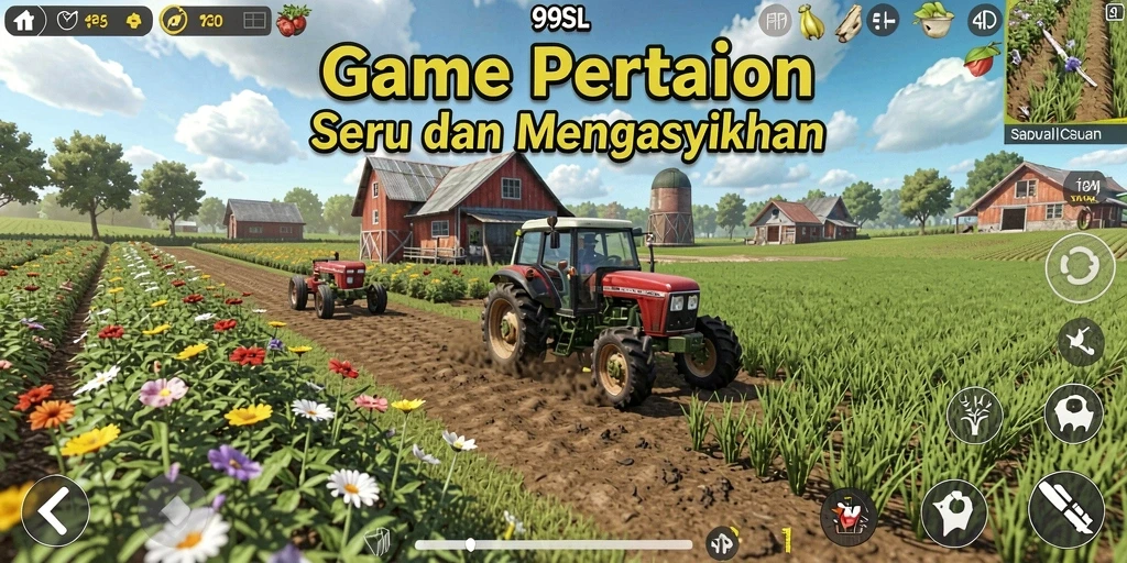 Tampilan utama gameplay 99SL yang menampilkan pertanian yang indah.