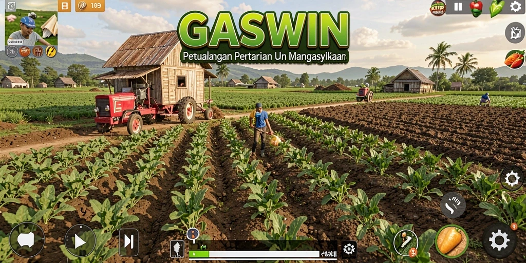 Tampilan gameplay GASWIN dengan berbagai aktivitas pertanian yang menarik.