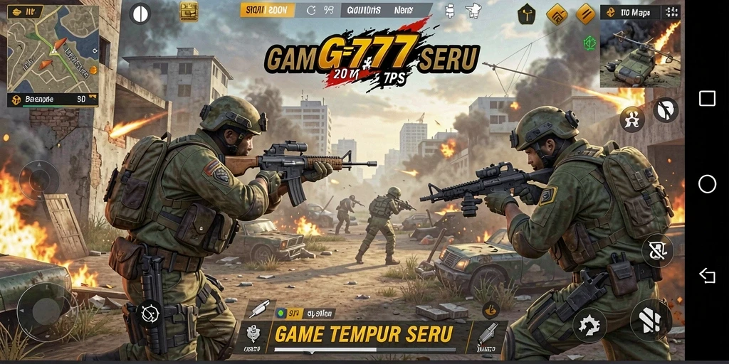 Tampilan screenshot utama GF777 menampilkan aksi tempur seru di medan perang.