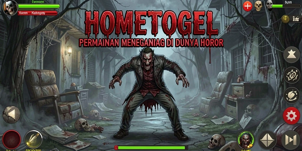 Screenshot menampilkan gameplay menegangkan di HOMETOGEL, dengan suasana horor yang kental.