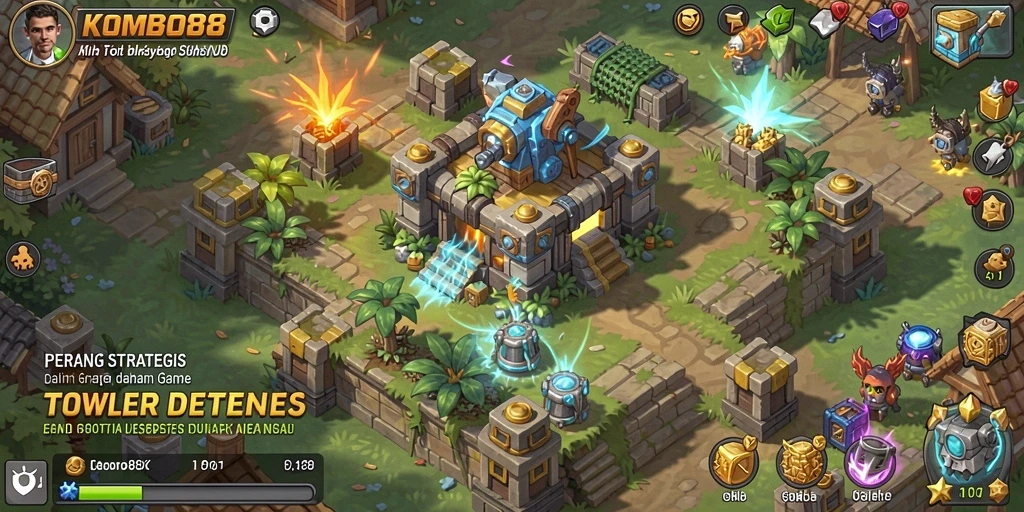Screenshot gameplay KOMBO88 yang menampilkan pertahanan menara.