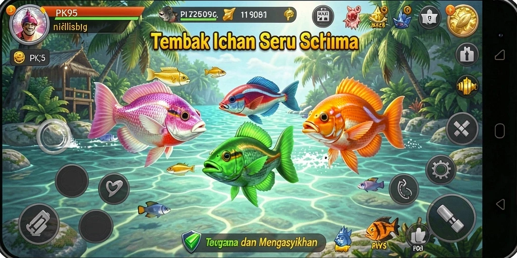 Screenshot gameplay PK95 menampilkan aksi seru menembak ikan di lautan.