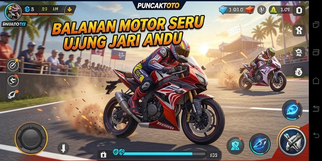 Gameplay seru PUNCAKTOTO dengan balapan motor yang mendebarkan.