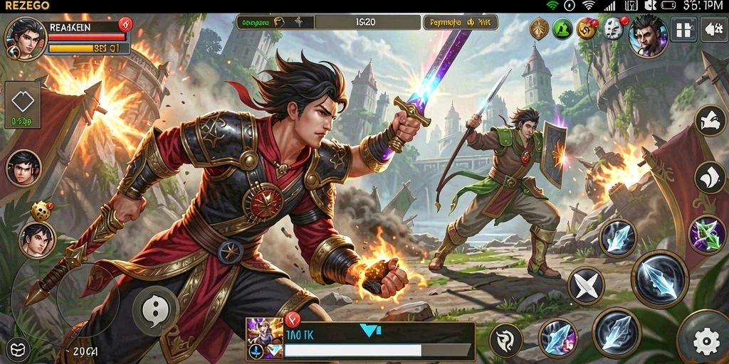 Screenshot menampilkan pertarungan seru di REZEGO dengan karakter yang kuat.