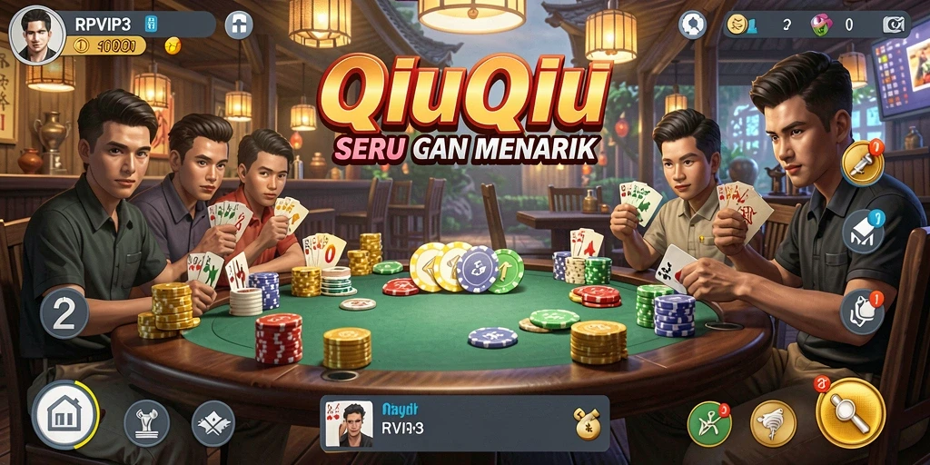 Screenshot menunjukkan gameplay seru RPVIP3 dengan aksi kartu QiuQiu.