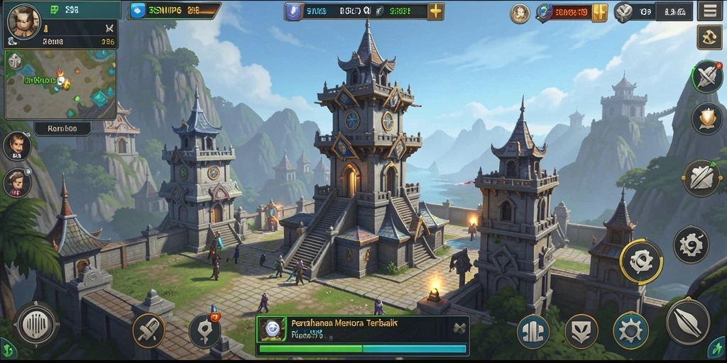 Screenshot gameplay RSNVIP6 menampilkan menara dan musuh yang beraksi.