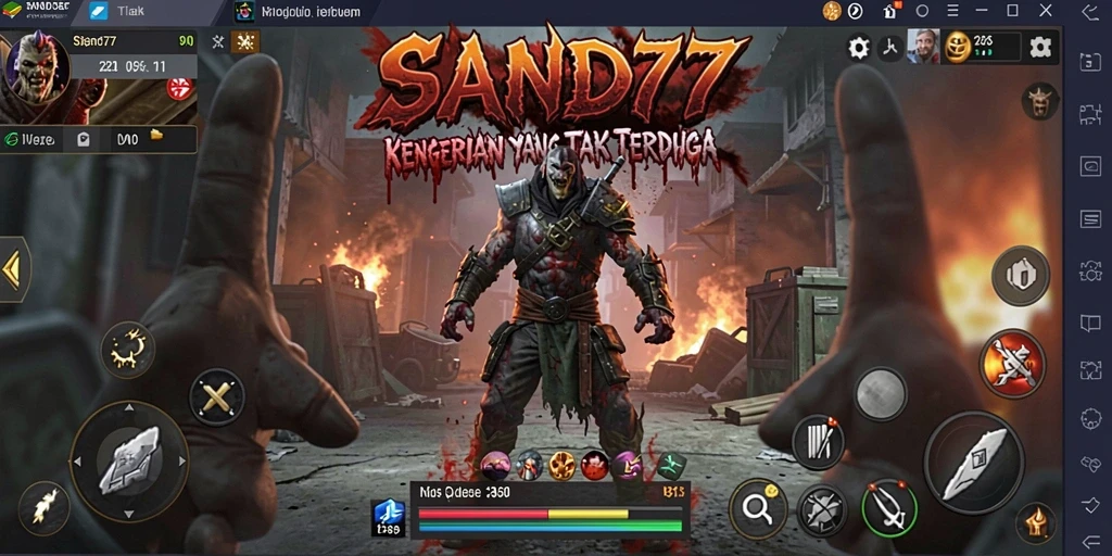 Gameplay SAND77 menampilkan momen menegangkan dengan kegelapan misterius.