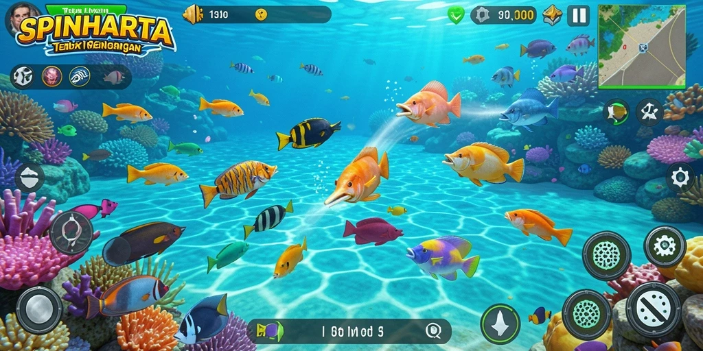 Tampilan gameplay seru SPINHARTA dalam menembak ikan.
