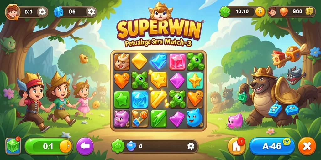 Screenshot utama SUPERWIN menunjukkan gameplay seru dan penuh warna dalam Match-3.