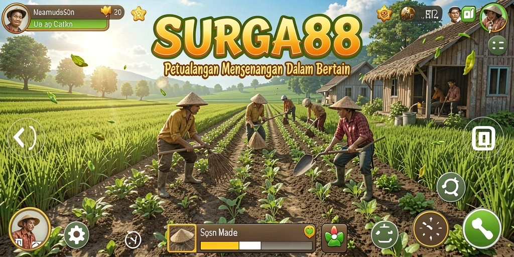 Screenshot SURGA88 menampilkan kebun yang subur dan aktivitas bertani.